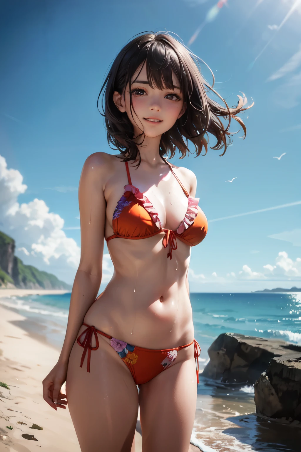 very cute and beautiful girl,(highly detailed beautiful face),(frilled floral pettern orange bikini),sweat,wet,waterdrop,
standing,beautiful legs,arms behind back,beach,distant rugged cliffs,(smile:1.2),happy,looking at viewer,black hair,
(best quality,masterpiece),absurdres,highres,ultra-detailed,extremely detailed,32k,
cinematic scene,detailed background,solo,dynamic angle,
hair fluttering in the wind,beautiful detailed sky,