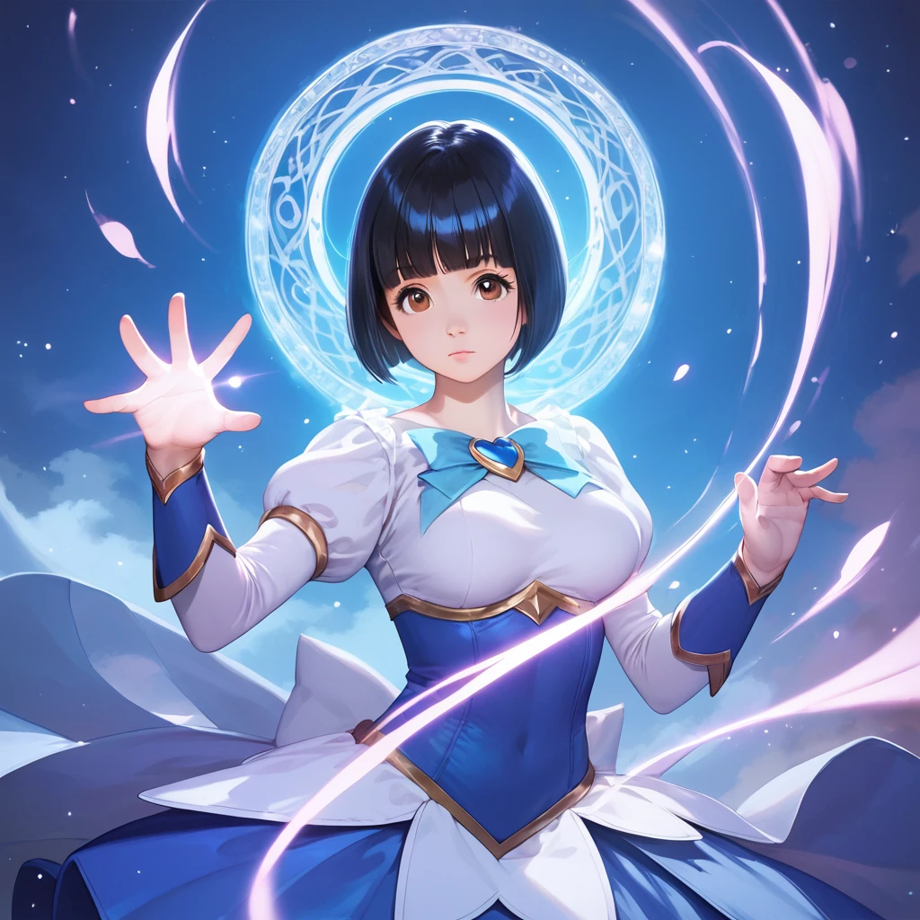 score_9,score_8_up,score_7_up,masterpiece,best quality, source anime, realistic, super detailed, extreme detailed, rating_safe,
1girl, Magical Girl, magic spell pose, Blizzard Magic, cowboy shot,
BREAK girl, 22yo, short hair, bob cut, (blunt bangs), black hair, (tareme, detailed cute brown eyes), curled eyelashes, (large breasts:0.9),
shiny hair, beautiful detailed eyes, beautiful face,
serious, :O,
Magical Girl costume, magical effect,