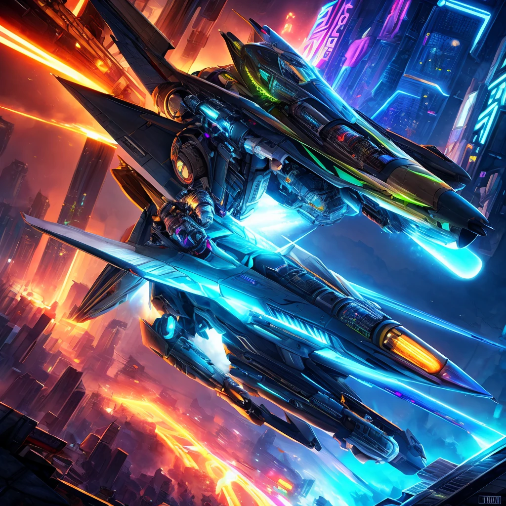 anthropomorphic cat, futuristic jet fighter, detailed mechanical design, intricate machinery, dynamic action pose, vibrant neon cyberpunk colors, dramatic lighting, cinematic composition, hyper-detailed, 8k, award winning digital art