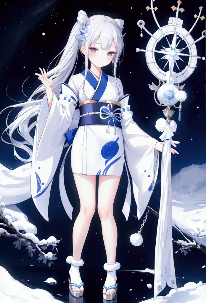 Cute snow woman girl, , Silver hair side tail, black eye, White and blue kimono, Thin legs, Princess Yukiko