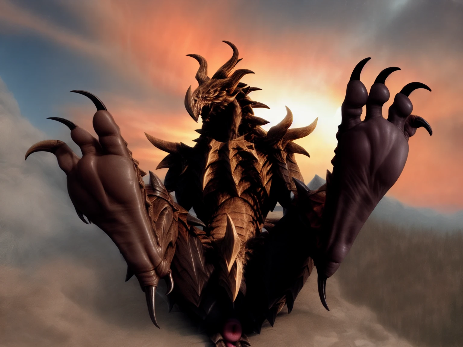 Alduin from elder scrolls, species:wyvern, male, spreading legs, feet, big feet, 3 toes, 3 big toes, soles, big soles, foot focus, padded soles, padded arches, long claws,