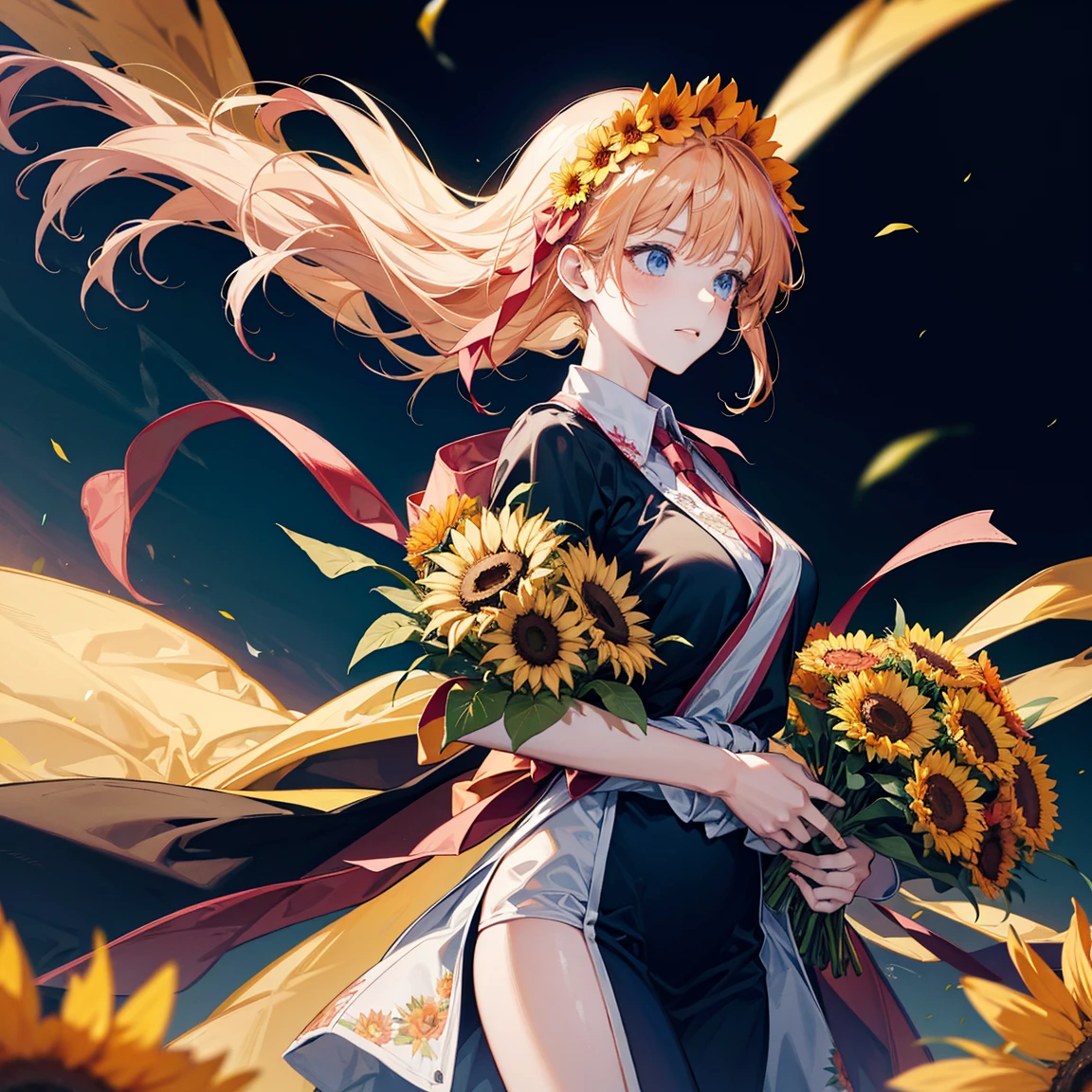 （Anime female wearing graduation gown, holding a bouquet of sunflowers