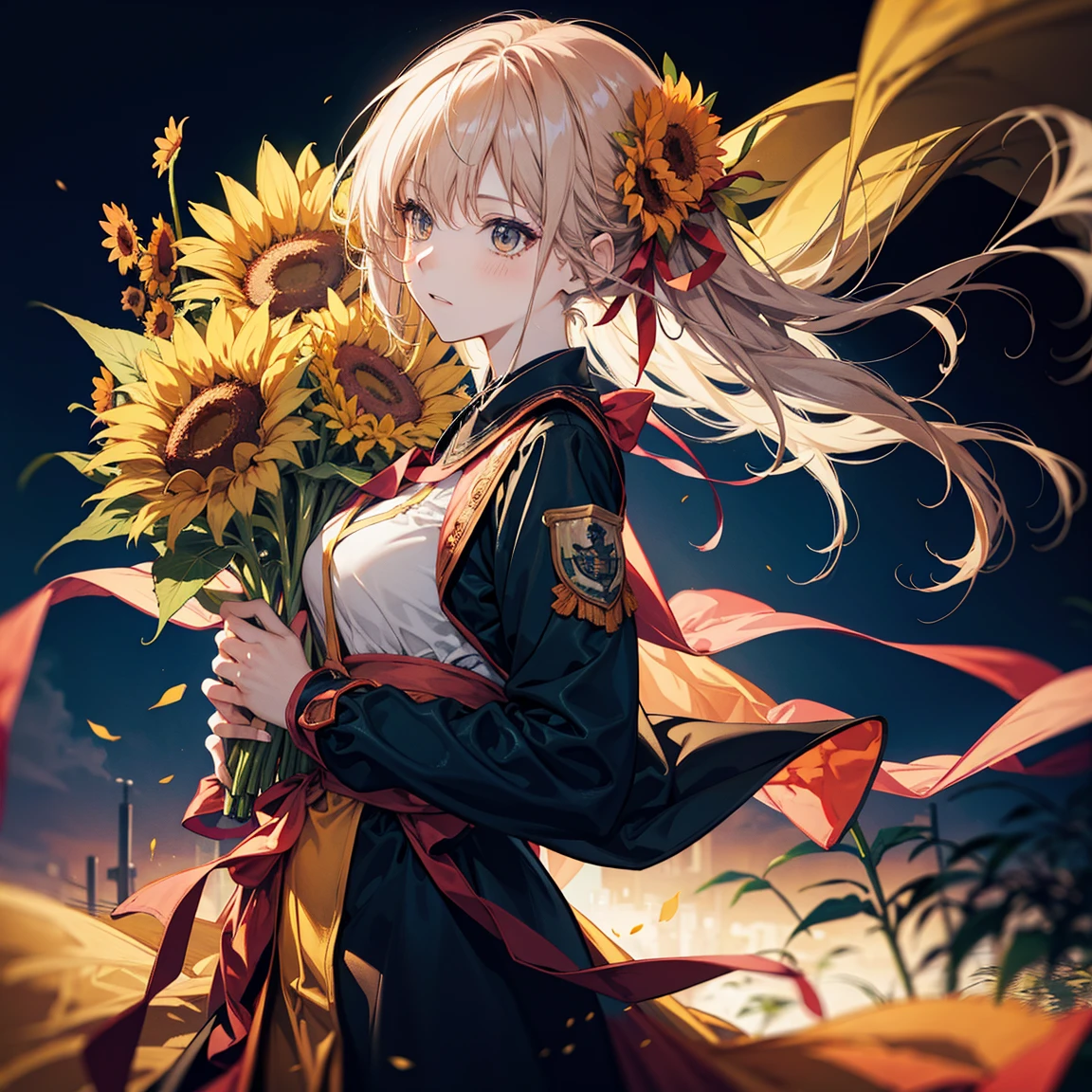 (Anime female wearing graduation gown, holding a bouquet of sunflowers