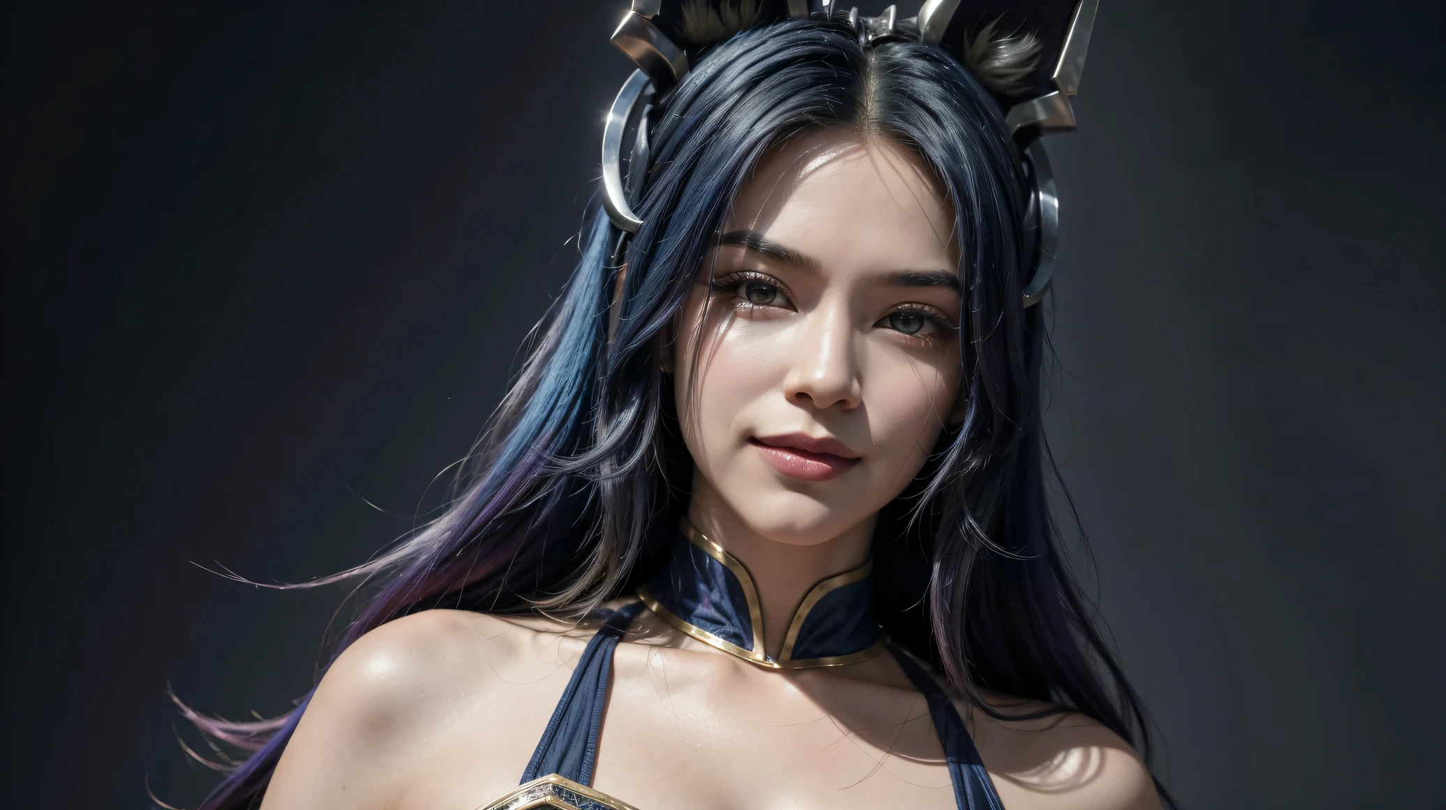 gradient hair, dark blue hair, multicolored hair, long hair, ponytail, Cabelo roxo, Olhos roxos, fox ears, seductive smile, Seios grandes, Coxas grandes, Surrealism, Realism, anime style, UHD, masterpiece, anatomically correct, accurate, super detail, high details, best quality, 8k