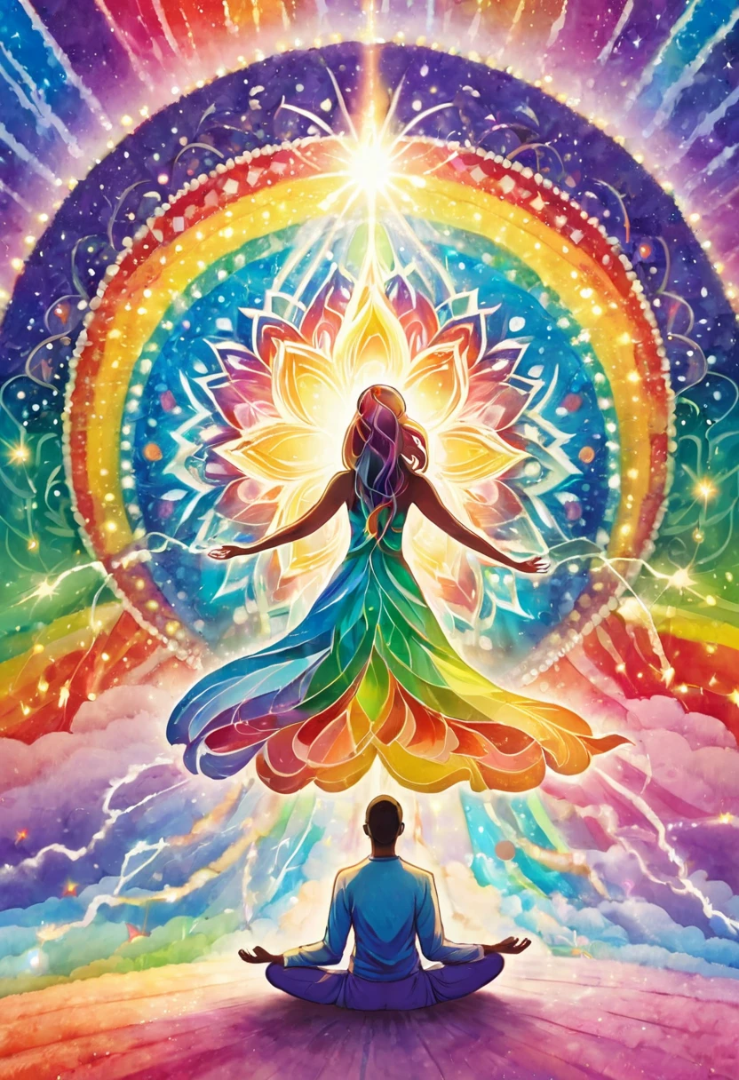 Souls of a man and a woman in the light of a large chakra mandala., Integration, holding hands and smiling, meditation, lightning, inspiration, amar, Shooting Star, rainbow light pastel colors