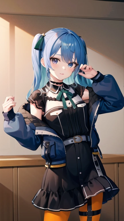 masterpiece, best quality, highres, sui2, 1girl, solo, one side up, hoshimachi suisei, orange pantyhose, green ribbon, black skirt, star \(symbol\), off shoulder, blue jacket, jewelry, short sleeves, thigh strap, choker, black shirt, lace choker, miniskirt, neck ribbon, green bow, black choker, belt, standing, cowboy shot,