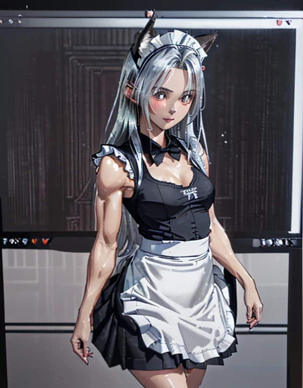 (8k, Realistic, RAW Photos, Highest quality: 1.3), (Fox Girl, Fox Ears, One Girl, Long Hair, Alone on the screen, dark skin, High definition, (boyish, Silver color very long hair), high resolution:1.6), とてもbeautiful, (Realistic Face), (maid apron, Black and white clothes, skirt:1.6), (Body measurements are 75-60-75!, Young girl body, Small breasts, skirt hold, slender, muscle:1.9), A brilliance that captivates the viewer, beautiful expression, beautiful breasts, (Realistic Skin), beautiful..., bent over