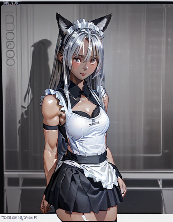 (8k, Realistic, RAW Photos, Highest quality: 1.3), (Fox Girl, Fox Ears, One Girl, Long Hair, Alone on the screen, dark skin, High definition, (boyish, Silver color very long hair), high resolution:1.6), とてもbeautiful, (Realistic Face), (maid apron, Black and white clothes, skirt:1.6), (Body measurements are 75-60-75!, Young girl body, Small breasts, skirt hold, slender, muscle:1.9), A brilliance that captivates the viewer, beautiful expression, beautiful breasts, (Realistic Skin), beautiful..., bent over