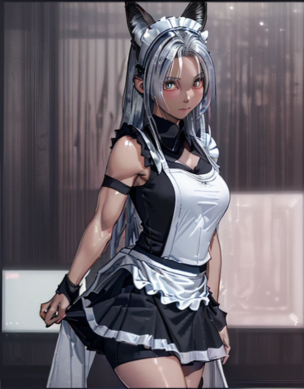 (8k, Realistic, RAW Photos, Highest quality: 1.3), (Fox Girl, Fox Ears, One Girl, Long Hair, Alone on the screen, dark skin, High definition, (boyish, Silver color very long hair), high resolution:1.6), とてもbeautiful, (Realistic Face), (maid apron, Black and white clothes, skirt:1.6), (Body measurements are 75-60-75!, Young girl body, Small breasts, skirt hold, slender, muscle:1.9), A brilliance that captivates the viewer, beautiful expression, beautiful breasts, (Realistic Skin), beautiful..., bent over