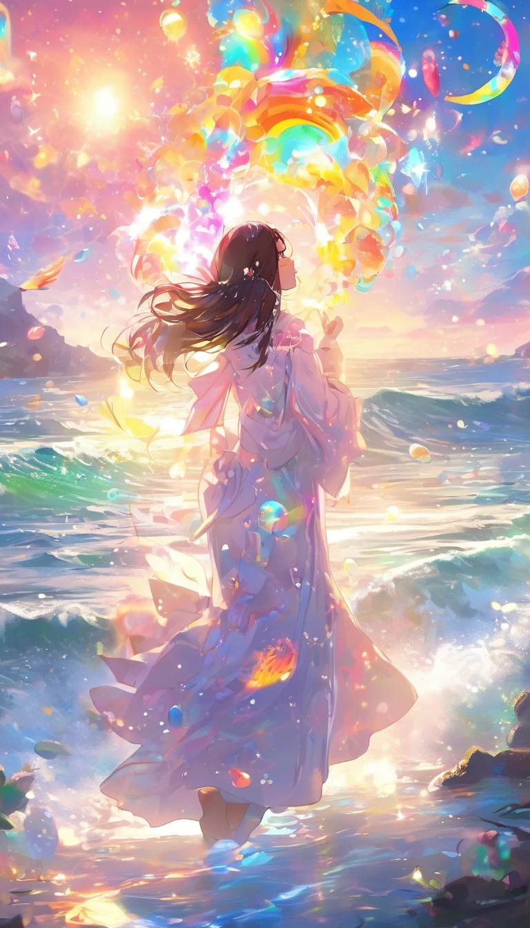 Mysterious glowing spell casting girl, ((Fantasy Rainbow Ocean)), Vibrant colors, Great light, Detailed speech bubbles, Magical atmosphere, Nice views, Dreamy atmosphere, Sparkling, Loose-fitting robes, The magic touch, Mysterious Creatures, ((Sparkling waves)), Mystical symbols, Surreal beauty, mist, There&#39;Magic in the air, Magical moments,Mysterious atmosphere, Whimsical Creatures, Full of charm, Fairy, Superpower, Fantasy World