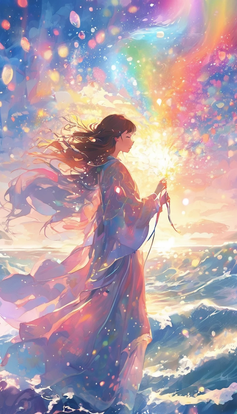 Mysterious glowing spell casting girl, ((Fantasy Rainbow Ocean)), Vibrant colors, Great light, Detailed speech bubbles, Magical atmosphere, Nice views, Dreamy atmosphere, Sparkling, Loose-fitting robes, The magic touch, Mysterious Creatures, ((Sparkling waves)), Mystical symbols, Surreal beauty, mist, There'Magic in the air, Magical moments,Mysterious atmosphere, Whimsical Creatures, Full of charm, Fairy, Superpower, Fantasy World