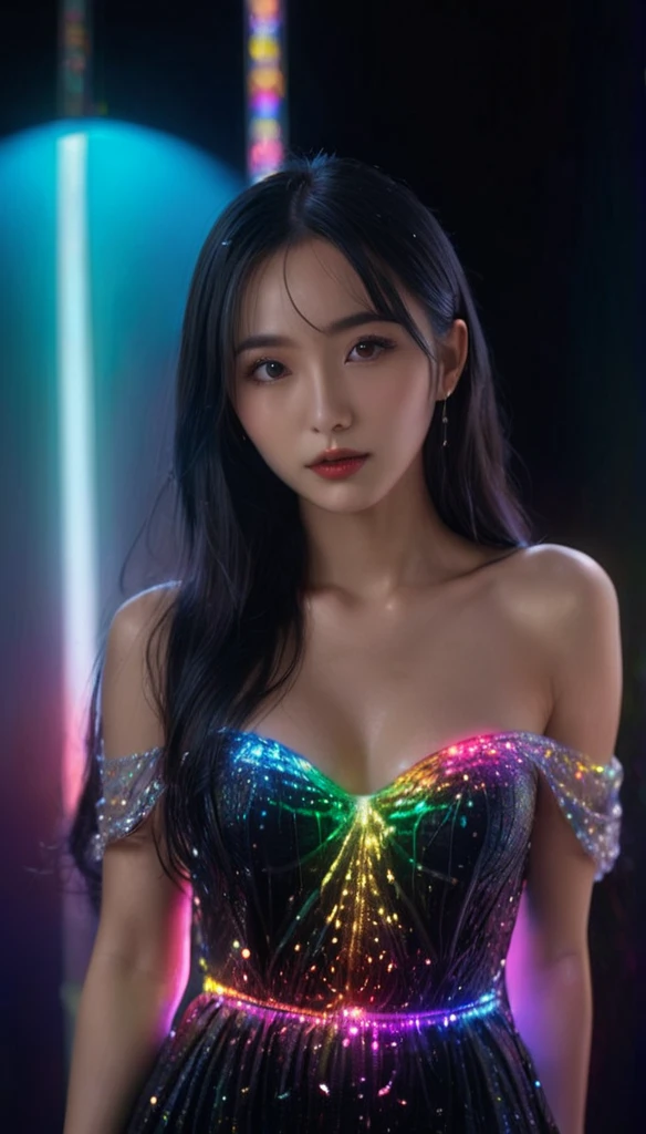 Ultra-Realistic Capture,18k,RAW Photos,Highest quality,masterpiece,reality,Very detailed,Very beautiful woman,Iron Skin,Automata,20-year-old ,Model body type,LED,A very long dress made of light particles,Very detailedな電子機器の骨格,Connection line,Rainbow colors,(Very long LED hair),Big eyes,Long eyelashes,Well-proportioned face,Backwards,Wet,Black background,Angel,Raise the middle finger,