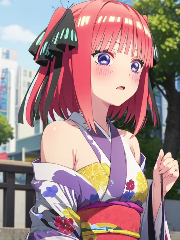 best quality, insanely detailed, nino nakano, kimono, blush, outdoor background, bare-shoulder garment