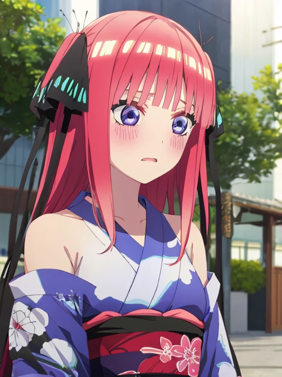 best quality, insanely detailed, nino nakano, kimono, blush, outdoor background, bare-shoulder garment