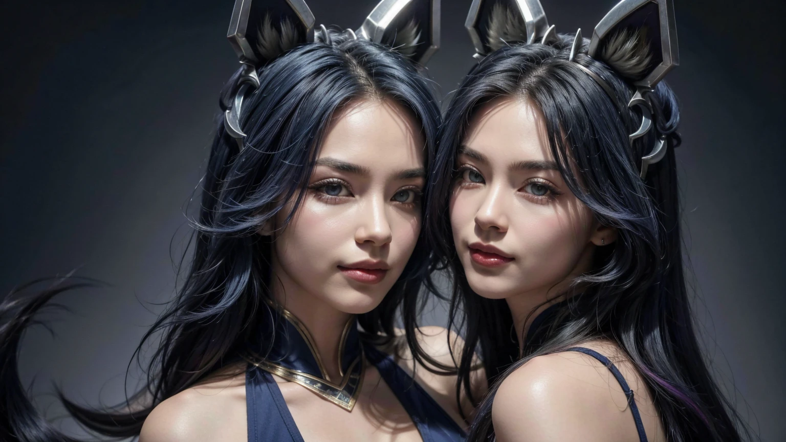 gradient hair, dark blue hair, multicolored hair, long hair, ponytail, Cabelo roxo, Olhos roxos, fox ears, seductive smile, Seios grandes, Coxas grandes, Surrealism, Realism, anime style, UHD, masterpiece, anatomically correct, accurate, super detail, high details, best quality, 8k, corpo inteiro