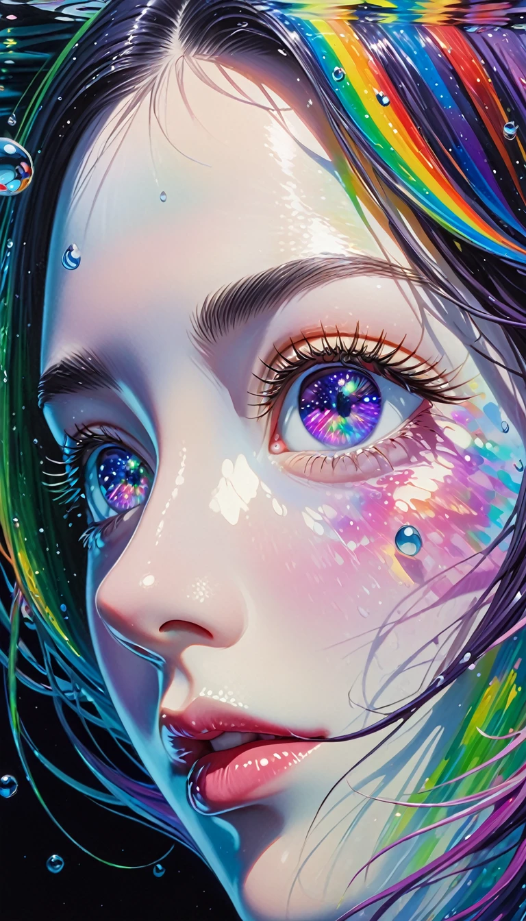 Girl swimming underwater,Ultra-detailed rendering style,Shine,,green,Brush,Surreal oil painting,Shine目,Head close-up,Exaggerated perspective,Tyndall effect,Water Drop,Mother of pearl rainbow color,holographic white,Black background,Purple Eyes,There are stars in your eyes