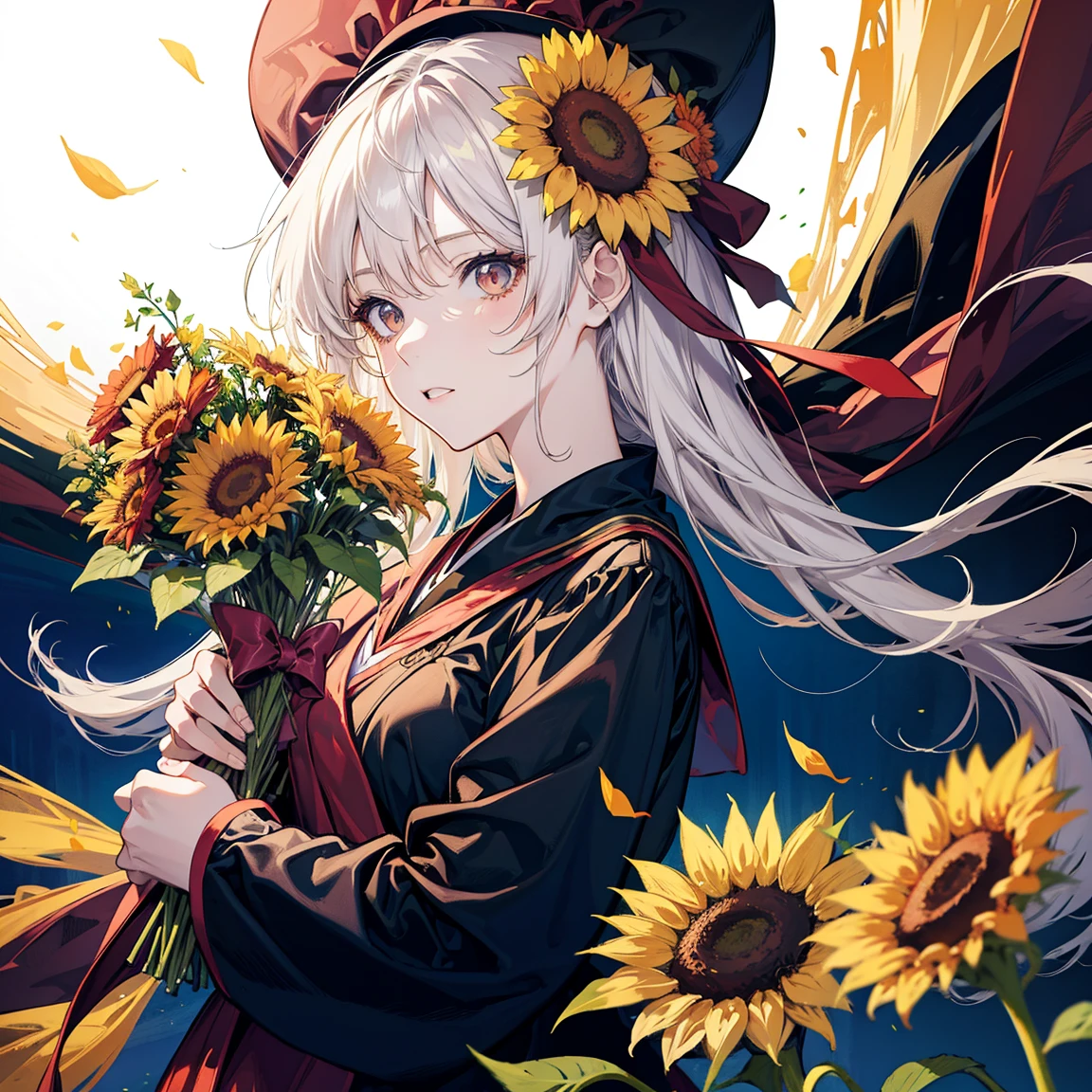 (Anime female wearing graduation gown, holding a bouquet of sunflowers