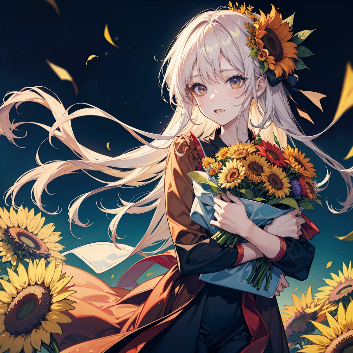 (Anime female wearing graduation gown, holding a bouquet of sunflowers