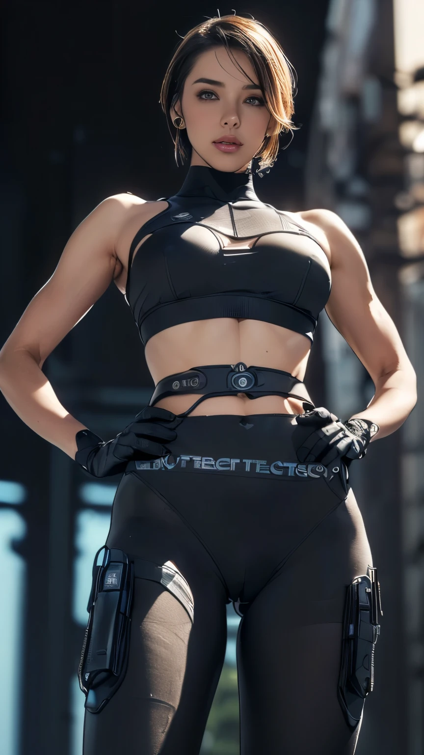(A woman),(((Future female police officer standing))),((Black Tactical Tights:1.5)),((Camel toe:1.5)),((earphone:1.5)),((Tactical Holster:1.5)),(Gloves:1.5),(((Hands on hips:1.5))),(front:1.5),(From below:1.2),(Super short hair:1.5),(bionde:1.5),(beautiful eyes:1.3),(Very detailedな顔:1.5),((Very detailed drawing of a female hand:1.5)),((muscular:1.5)),(Sexy look:1.5),((Thick thighs:1.5)),(Beautiful Body:1.5),((Very sensual:1.5)),(The backdrop is a futuristic city:1.5),(Cyberpunk atmosphere:1.5),(((Blurred background:1.5))),(Written border depth:1.5),rest(((masterpiece:1.5),(best quality:1.5),(Very detailed:1.5),(high resolution:1.5),(Practical:1.5),(Practical:1.5),(Delicate depiction),(carefully drawn))),8k,wallpaper