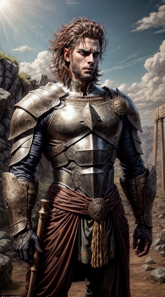 The battlefield is the Valley of Elah, with rocky terrain and sparse vegetation. The sky is clear with the sun shining brightly, casting sharp shadows.
In the background, the Israelite and Philistine armies are gathered on opposite hills, watching the confrontation with intense anticipation.
Goliath:
Goliath, a towering figure over nine feet tall, stands at the center of the battlefield. His massive frame is clad in gleaming bronze armor, including a helmet, breastplate, and greaves.
He carries a huge bronze shield and wields a spear with a thick, heavy shaft. His face is twisted into a sneer of disdain, and his eyes are dark and menacing.
Goliath's posture is aggressive, with his spear poised to strike, exuding confidence and arrogance.
David:
David, much smaller in stature, stands courageously facing Goliath. He is dressed in simple shepherd’s clothes, with a sling in one hand and a small pouch at his waist containing five smooth stones.
David's face shows a mix of determination and calm faith. His hair is a mess of dark curls, and his eyes are fixed intently on Goliath.
His stance is firm and resolute, ready to act with precision and speed.
Action:
David is in the act of swinging his sling, releasing a smooth stone with a focused and swift motion.
The stone is depicted mid-air, hurtling towards Goliath’s unprotected forehead.
Goliath's expression begins to change from arrogance to shock as he realizes the impending strike.
Details:
The ground between them is dusty, with scattered pebbles and sparse tufts of grass.
Shadows of the two combatants are elongated by the afternoon sun, adding to the drama of the scene