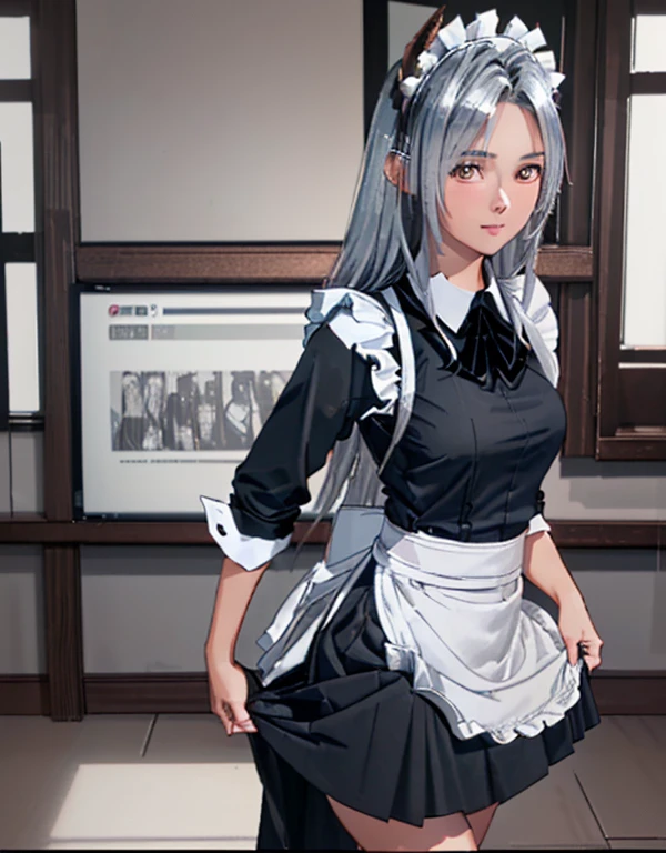 (8k, Realistic, RAW Photos, Highest quality: 1.3), (Fox Girl, Fox Ears, One Girl, Long Hair, Alone on the screen, dark skin, High definition, (boyish, Silver color very long hair), high resolution:1.4), とてもbeautiful, (Realistic Face), (maid apron, Black and white clothes, skirt:1.5), (Body measurements are 75-60-75!, Young girl body, Small breasts, skirt hold, slender:1.6), A brilliance that captivates the viewer, beautiful expression, beautiful breasts, (Realistic Skin), beautiful..., bent over