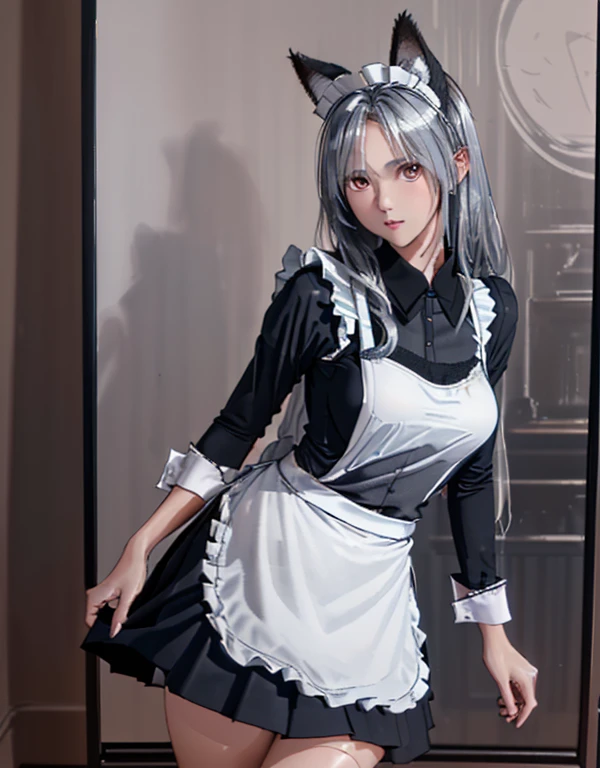 (8k, Realistic, RAW Photos, Highest quality: 1.3), (Fox Girl, Fox Ears, One Girl, Long Hair, Alone on the screen, dark skin, High definition, (boyish, Silver color very long hair), high resolution:1.4), とてもbeautiful, (Realistic Face), (maid apron, Black and white clothes, skirt:1.5), (Body measurements are 75-60-75!, Young girl body, Small breasts, skirt hold, slender:1.6), A brilliance that captivates the viewer, beautiful expression, beautiful breasts, (Realistic Skin), beautiful..., bent over