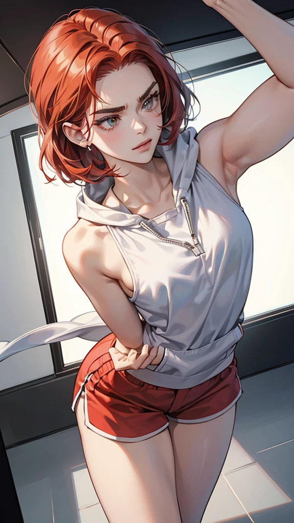 {{masterpiece}}, {{{best quality}}},{{ultra-detailed}}, {{illustration}},{{tall stature}},{{adult women}},((Shorts and leggings)),Small breasts,Slender,Flared Shorts,{{Squatting on the ground}},((Leggings with integrated shorts)), Fitness Instructor　Red hair ponytail　((White tank top))　Place your hands on your knees　Wristband　,1 female,alone,　Fitness Gym 　Cleavage