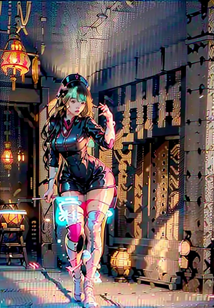 a girl with a tattoo covering her entire body, intricate patterns and designs, various symbols and motifs, different colors blending seamlessly, lighting effects highlighting details, thick, with glowing energy emanating from the tattoos, glowing tattoos, wearing exposed clothes