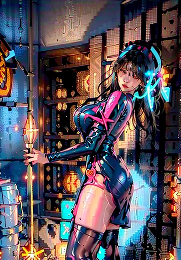 An ultra-realistic and ultra-detailed (Legendary Multicolored Psychedelic Masterpiece), ((HOLDING A BIG GORGEOUS, GLOWING, COLORFUL INFINITY ♾️ SYMBOL IN HER HANDS)), ((full body portrait)), (Dynamic Angle), best quality, (Angled View), 1girl, She is a Gorgeous Magical Alchemist, a very noble Caucasian lady, ringed silver eyes, Calm, half closed eyes, thin body, slim waist, small breasts, (bare legs), Awesome Black Hair, a confident smile, ((HOLDING A GORGEOUS COLORFUL RAINBOWLUMINESCENT GALAXY IN HER HANDS)), Celestial Star Map, highly detailed expensive wizard's skirt, beautiful, dramatic, backlighting, night, midnight, (Multitude Of Stars), beautiful fantastic night view, (ultra-detailed, finely detailed beautiful eyes and face), high resolution, 8k UHD, perfect anatomy, perfect fingers, Highly detailed scenery, Highly detailed background, perspective, depth of field, atmospheric