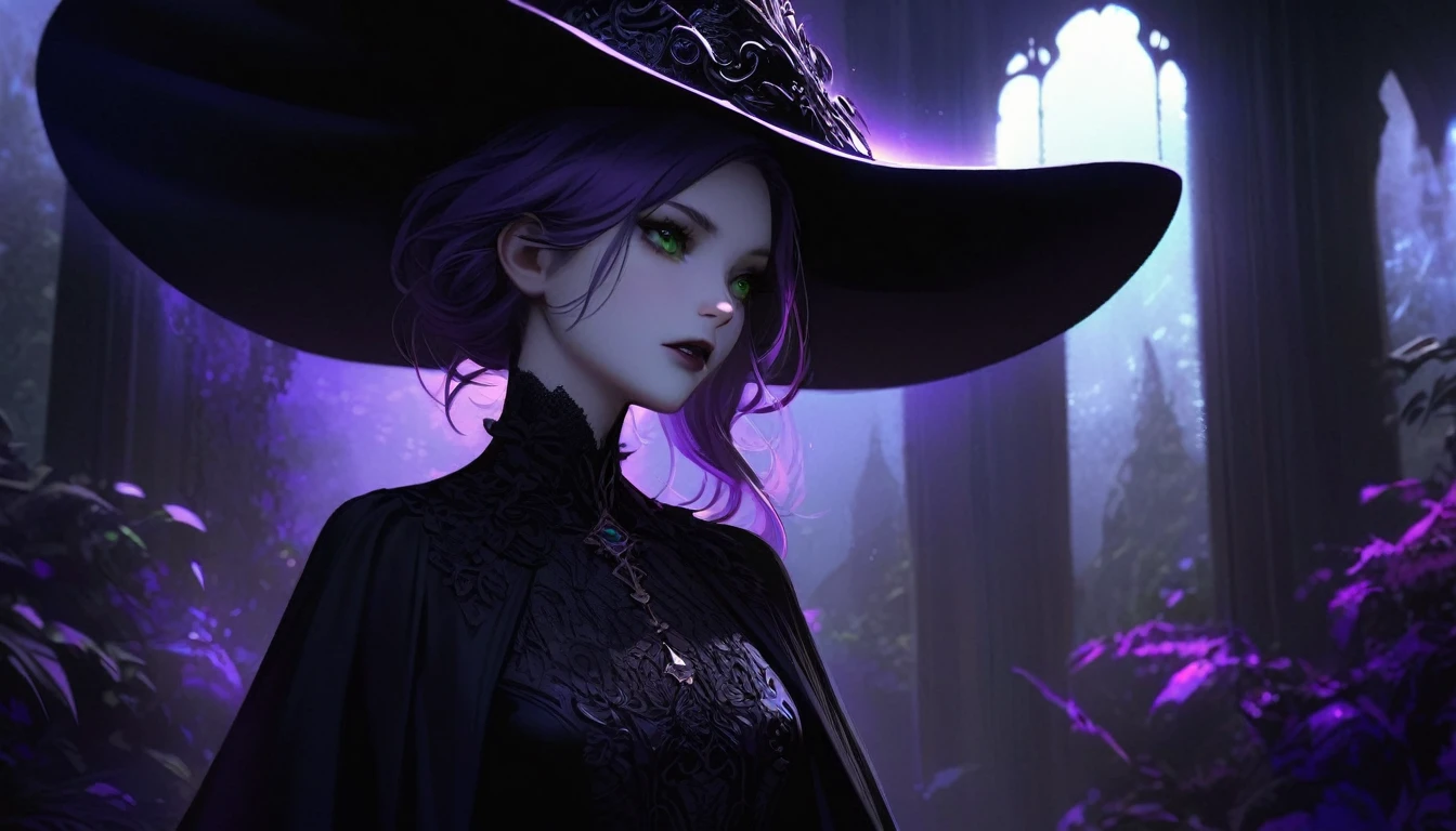 a slim girl with pale skin, green eyes, long purple hair, wearing a long black dress, witch hat on her head, detailed face, dramatic lighting, cinematic, dark fantasy, gothic, chiaroscuro, dramatic colors, highly detailed, intricate details, ornate, elegant, moody, atmospheric