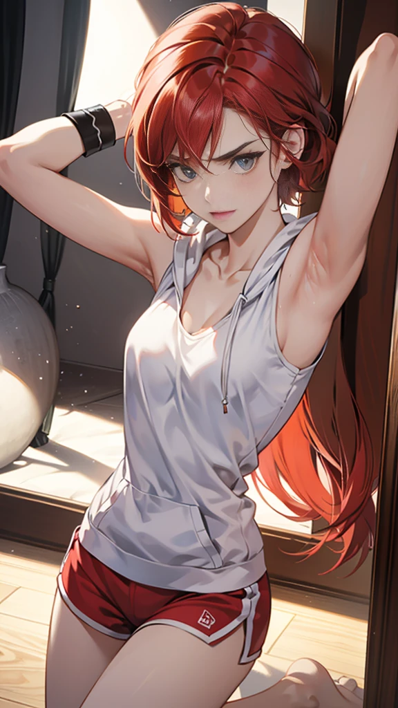 {{Dynamic configuration}},{{masterpiece}}, {{{Highest quality}}},{{Very detailed}},{{Reddening with anger}},{{V-shaped eyebrows}},{{shape}},{{expensive}},{{Adult woman stretching}},{{Dolphin Shorts}},{{White sleeveless hoodie with an open chest}} Red Hair Bob Small breasts expensive The body is slim Thin legs Turf ground clavicle Décolletage Wristband