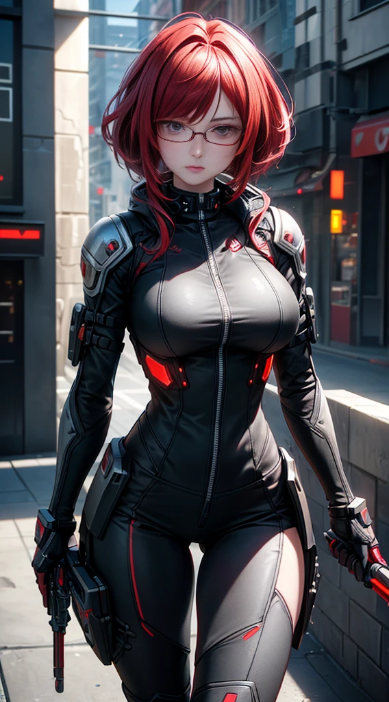1girl, detailed face, (halo neon headpiece, neon hair, neon light eyes:1.2), techwear, cool, fantasy medieval knight, cloak, long red hair, looking at viewer, streets of medieval europe, (best quality), (realistic:1.3), masterpiece, aesthetic, 16K, high contrast, (vivid color:1.3), cinematic ambient lighting, dynamic poses, cleavage, huge breasts,