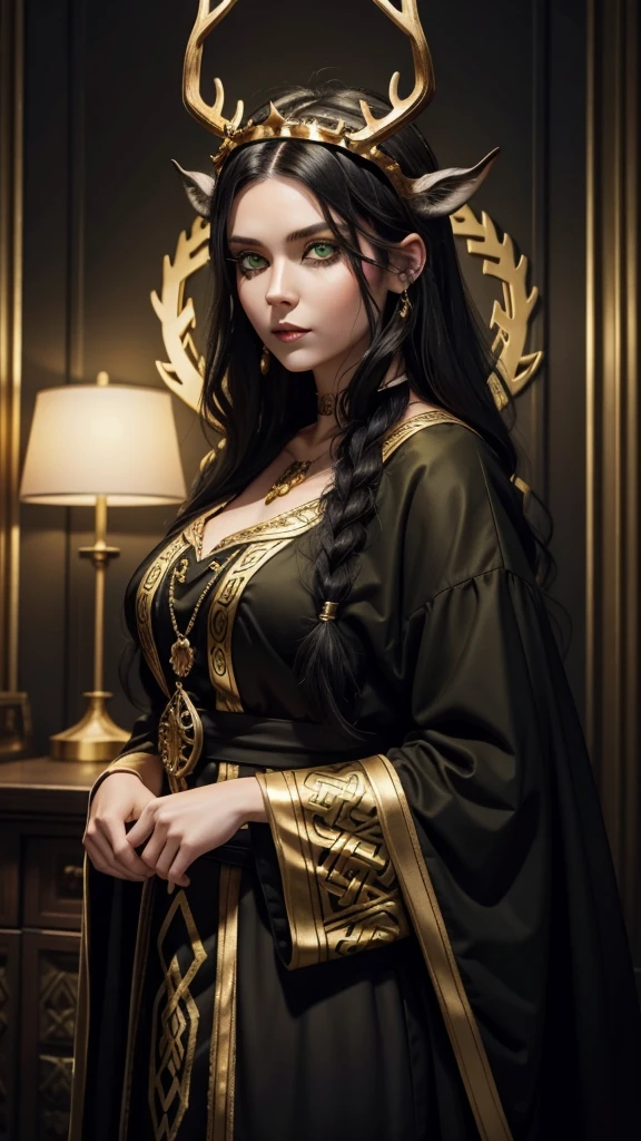 White girl with green eyes and black hair with dark viking makeup wearing a golden deer antlers crown and a black and gold viking dress