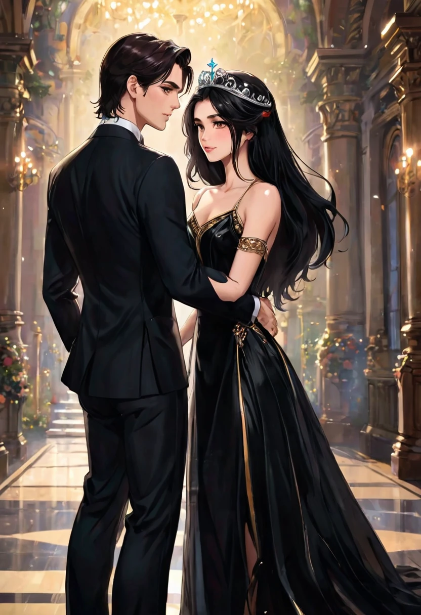 High-quality image of a couple: a man with his hair cut back (a tall, statuesque, elegant, brave young man, with brown eyes, short black hair, dressed in a black suit) hugs a woman with long hair and black (an incredibly beautiful young femme fatale with long straight black hair, she is a princess, she has a romantic dress and a tiara). They are in love with each other.