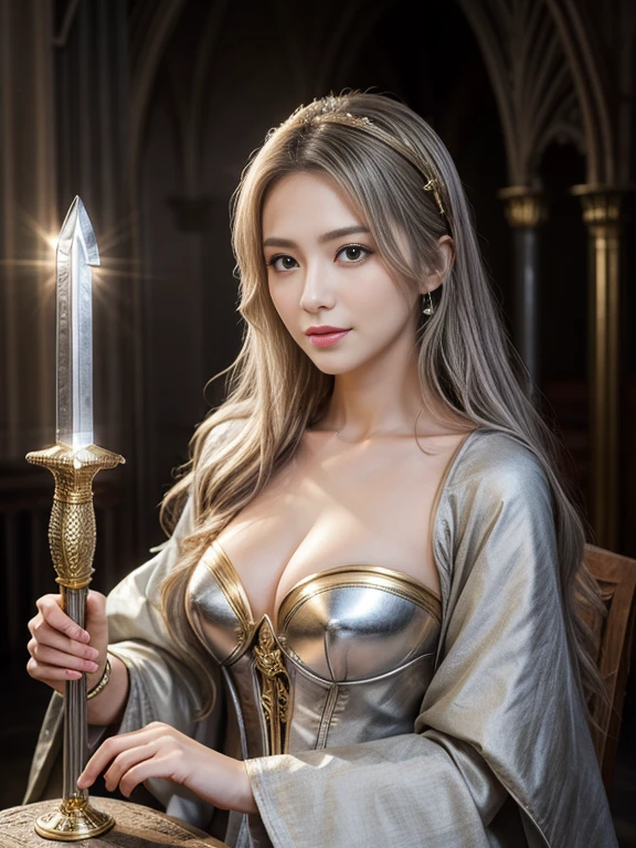 Classy sex appeal、Beautiful woman、Clear Skin、Perfect natural light、8KHigh resolution、High resolution、Glowing Beautiful Skin、Transparent beauty、masterpiece、Watery eyes、Brilliant point、Gravure quality、Silver hair color、Great medieval European style、A fantasy world of magic and swords、High Priest、Black and Gold clothes、Have a magic wand、The middle of a journey