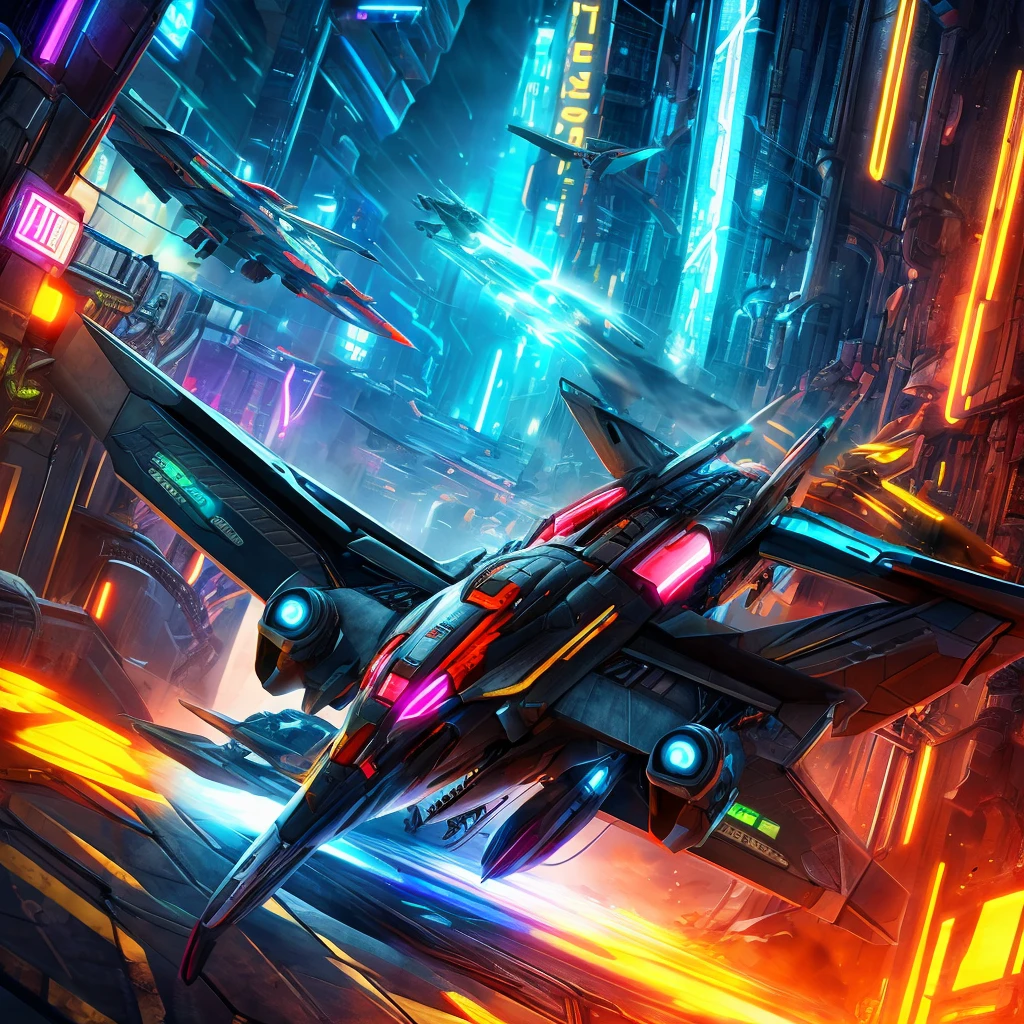 anthropomorphic cat,futuristic jet fighter,detailed mechanical design,intricate machinery,dynamic action pose,vibrant neon cyberpunk colors,dramatic lighting,cinematic composition,hyper-detailed,8k,award winning digital art