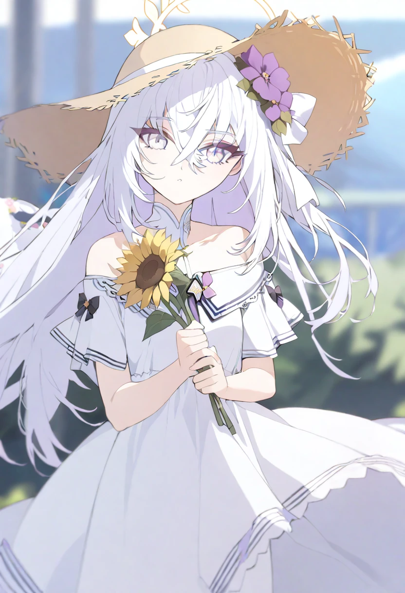azusa \(blue archive\), 1girl alternate_costume bare_shoulders blurry cowboy_shot crossed_bangs depth_of_field dress facing_viewer flower grey_eyes hair_flower hair_ornament hat holding holding_flower long_hair off-shoulder_dress off_shoulder purple_flower solo straw_hat sunflower white_dress white_hair yellow_hat