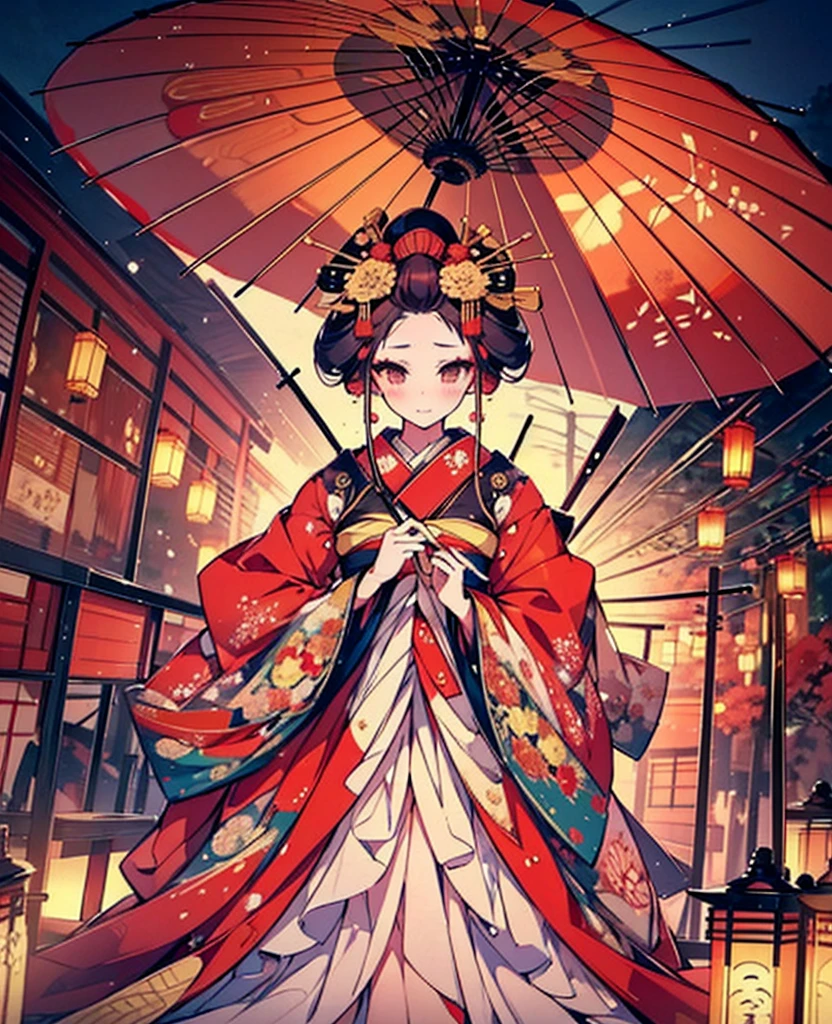 ,god々A beautifully and gorgeously decorated courtesan,A large, gorgeously decorated hairpin,Gorgeous kimono,(Oiran hairstyle, Date Hyogotaka),Large umbrella,Courtesan Procession,Night scenery with lanterns lined up,(A servant holds an umbrella behind the courtesan:1.4),
