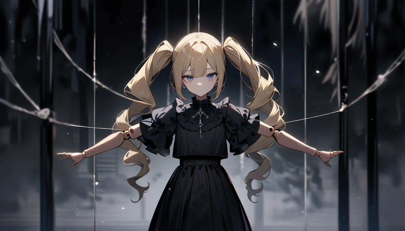 Highest quality,masterpiece,One girl,alone,Suspend,Beautiful Eyes, blue, Blonde, Twin tails,Beautiful Face,Cowboy Shot,Expressionless,Hanging by a thread,whole body,Are standing,suspension,Hollow,Doll joints,Short sleeve,skirt,Tilt your head,Outstretched arms,Gothic Lolita Fashion