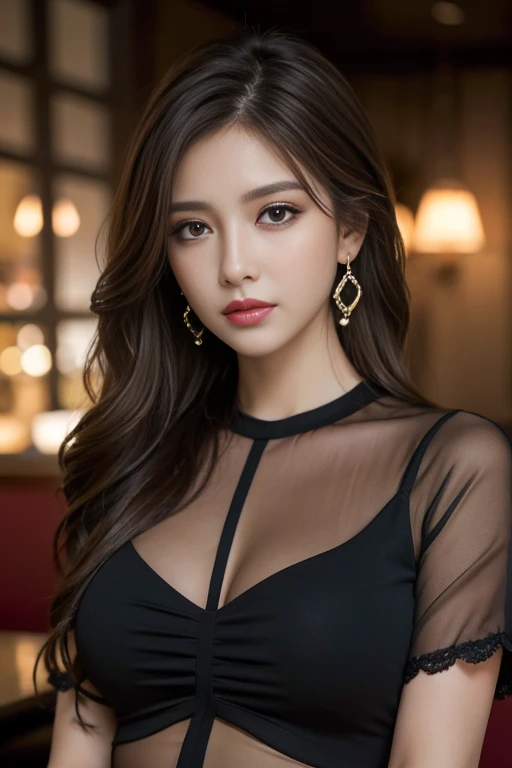 masterpiece, Highest quality, Realistic, Very detailed, Finer details, High resolution, 8k wallpaper, One beautiful woman, Wear a black see-through shirt, In a great restaurant, At night, Light brown messy hair, Perfect dynamic composition, Beautiful and beautiful eyes、Big earrings