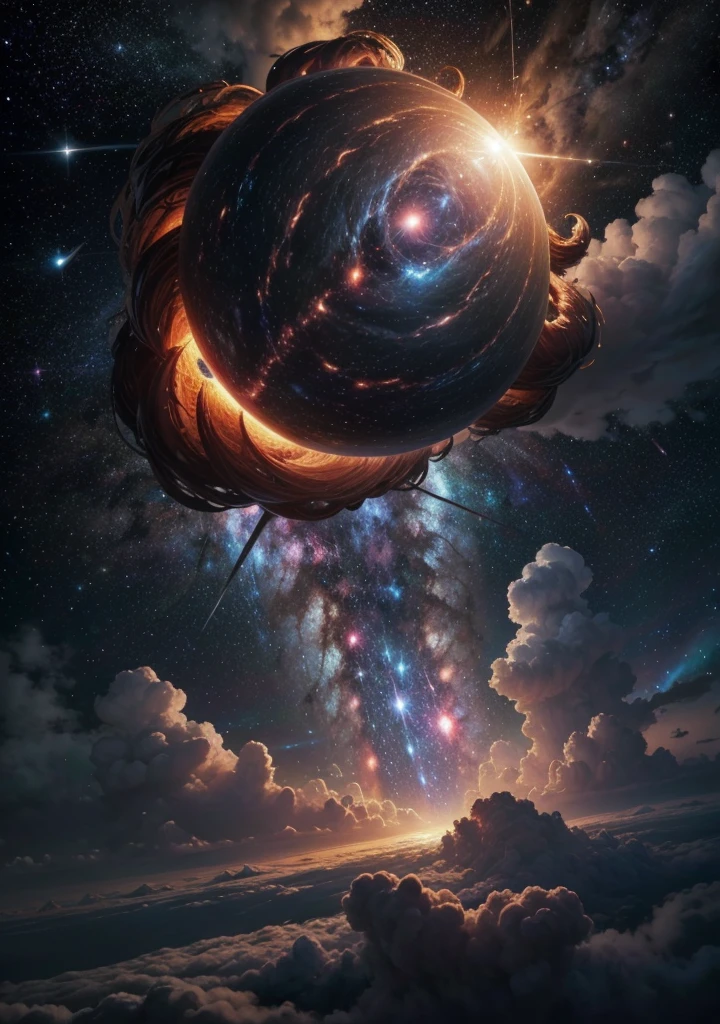 GOD, The Omnipotent Creator of the entire Universe, bigger than all galaxies, represented by the figure of a gigantic hyper mega cloud of energy in the middle of the hyper detailed universe, hyper sharp, hyperrealisti, intrikate, 32 mil, photorealism style  