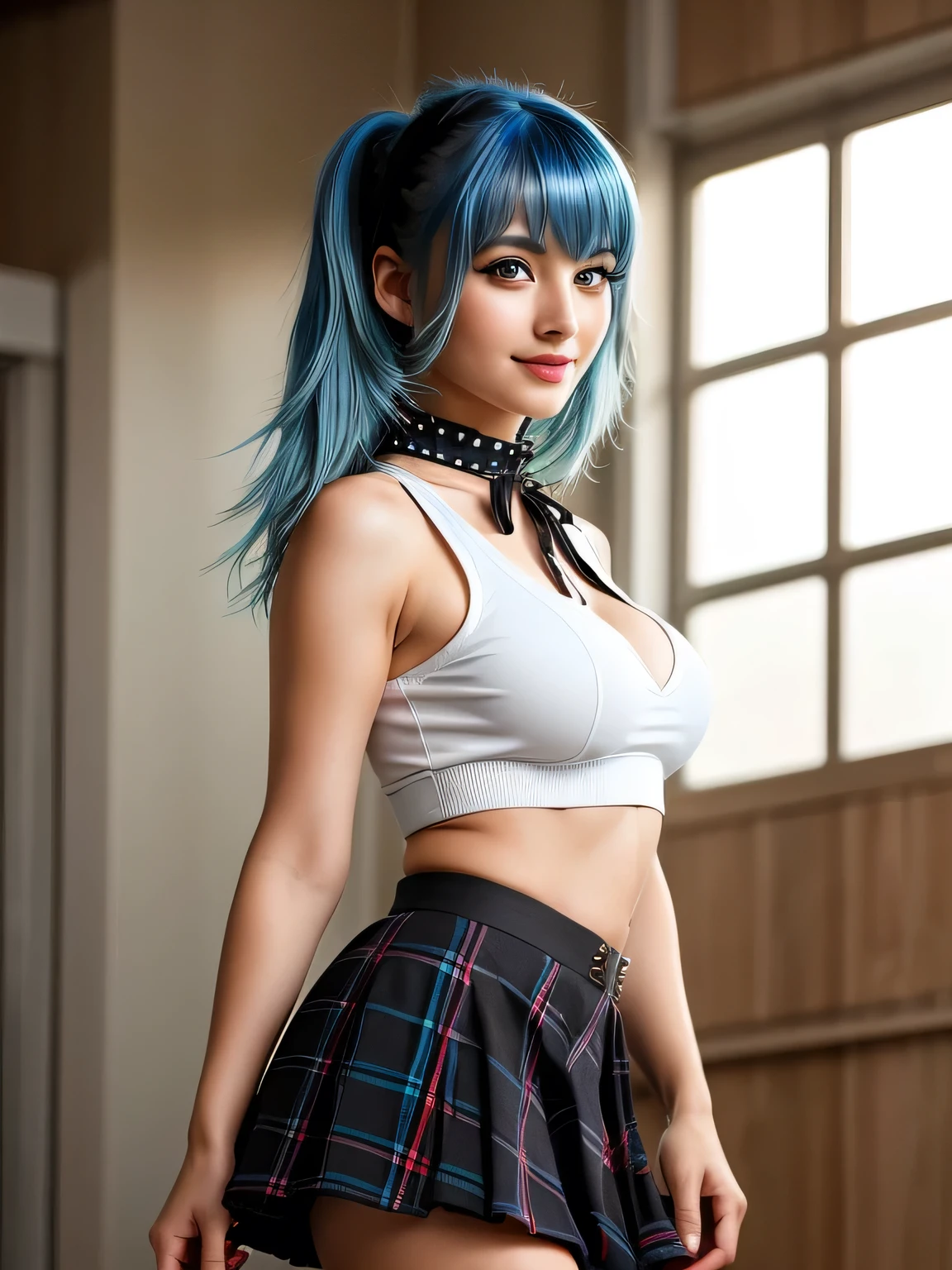 (blue hair:1.4), short hair, realistic green eyes, cobalt hair,  long bob hair, tousled hair, shoulder length hair, Full body, woman with white skin and Asian features, 24 year old, big breast. She has a small, elegant nose with a slight upward curve at the tip. Her lips are full and naturally pink, with a well-defined Cupid's bow. Her teeth are straight and white, enhancing her captivating smile. Her face has an oval shape with high cheekbones that add to her model-like appearance. (crack), detailed (texture!, shine, color!!, flaws: 1.1), highly detailed glowing eyes, (looking at camera), specular light, dslr, extreme quality, crystal clear, cute face, detailed skin pores, oil Dark skin, brown, complex eye details, she is far from the camera, A full-body portrait, captured from a distance. Dynamic Frame, 8K, Best Quality, Realistic, Realistic, (Intricate Details: 1.2), (Fine Details), (Intricate Details), (Cinematic Light, Best Quality Backlight), Clear Lines, Sharp Focus, Official Art, Unity 8k Wallpaper, Ridiculous, Incredibly Ridiculous, cleavage, bow, bear hair ornament, necktie, blonde hair, smile, large breasts, looking at viewer, shirt, nail polish, red bow, black shirt, underwear, bra, skirt, choker, black bra, sleeves rolled up, white necktie, red nails, pleated skirt, red skirt, shiny, teeth, medium breasts, miniskirt, upper body,  boots, plaid skirt, blush, knee boots, plaid, black footwear, cross-laced footwear, junko enoshima outfit
