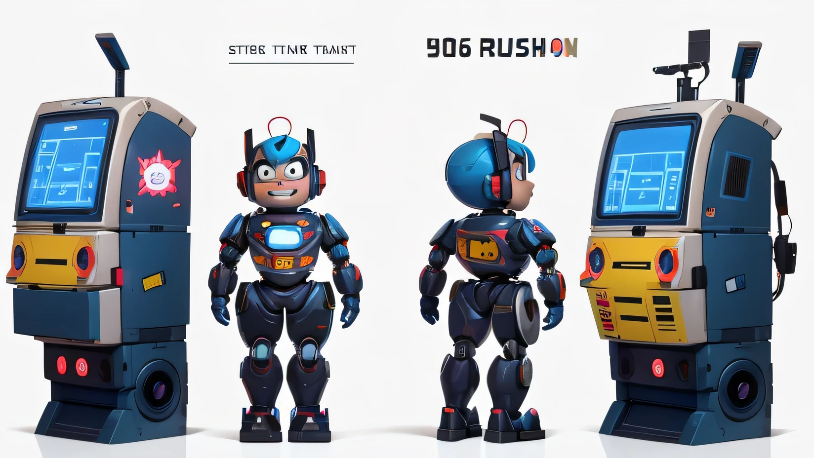 
Create a full body character design sheet for a t-rigged funny cartoon 1960s broken theme park vending robot with a candy and food dispenser for a chest, arms that have been repaired with different pieces of metal and plastic, a face that is expressive and has two LED eyes that are malfunctioning, A power gauge, once full, now hovers near depletion, a symbol of robot’s dire condition, A glitching digital display on the torso, once a beacon for ads, now stutters with static, Character in a T-rig posture, View Frontal, Three Quarter, and back, Character Sheet, White Background, Reference Sheet