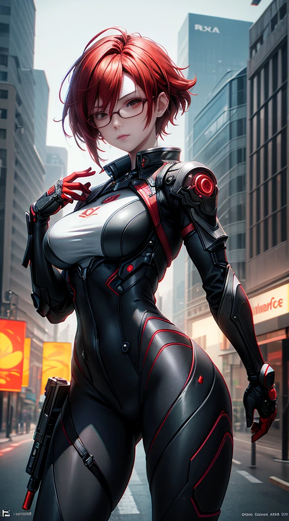 ((Best quality)), ((masterpiece)), (detailed:1.4), 3D, an image of a beautiful cyberpunk female,HDR (High Dynamic Range),Ray Tracing,NVIDIA RTX,Super-Resolution,Unreal 5,Subsurface scattering,PBR Texturing,Post-processing,Anisotropic Filtering,Depth-of-field,Maximum clarity and sharpness,Multi-layered textures,A 1 girl and Specular maps,Surface shading,Accurate simulation of light-material interaction,Perfect proportions,Octane Render,Two-tone lighting,Wide aperture,Low ISO,red balance,Rule of thirds,8K RAW, big tits(oopai, neckline), red hair, black dark and red armor, glasses, red eyes, short hair, red and black color of weapon gun,