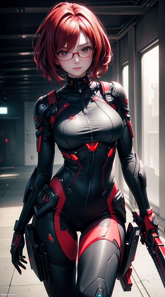 ((Best quality)), ((masterpiece)), (detailed:1.4), 3D, an image of a beautiful cyberpunk female,HDR (High Dynamic Range),Ray Tracing,NVIDIA RTX,Super-Resolution,Unreal 5,Subsurface scattering,PBR Texturing,Post-processing,Anisotropic Filtering,Depth-of-field,Maximum clarity and sharpness,Multi-layered textures,A 1 girl and Specular maps,Surface shading,Accurate simulation of light-material interaction,Perfect proportions,Octane Render,Two-tone lighting,Wide aperture,Low ISO,red balance,Rule of thirds,8K RAW, big tits(oopai, neckline), red hair, black dark and red armor, glasses, red eyes, short hair, red and black color of weapon gun,