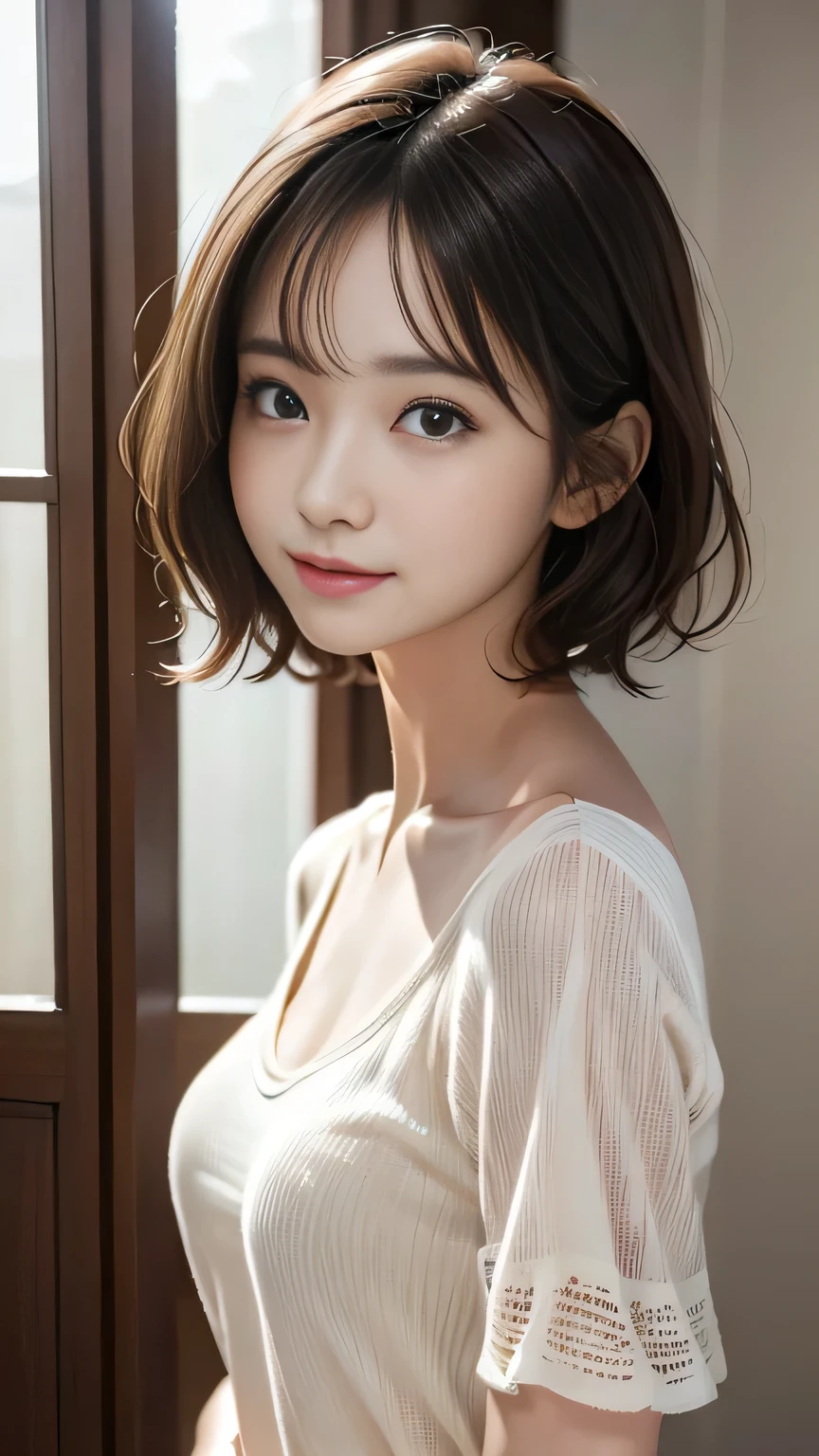 Masterpiece、Best Quality、Illustration、 Super detailed、Fine details、 High resolution、8K Denden Wallpaper、Perfect dynamic composition、24 year old beautiful girl、clear、Detailed beautiful face、Detailed beautiful eyes、Textured skin、A faint smile、wavy short hair、Small breasts、Bold sexy pose、Short sleeve blouse、