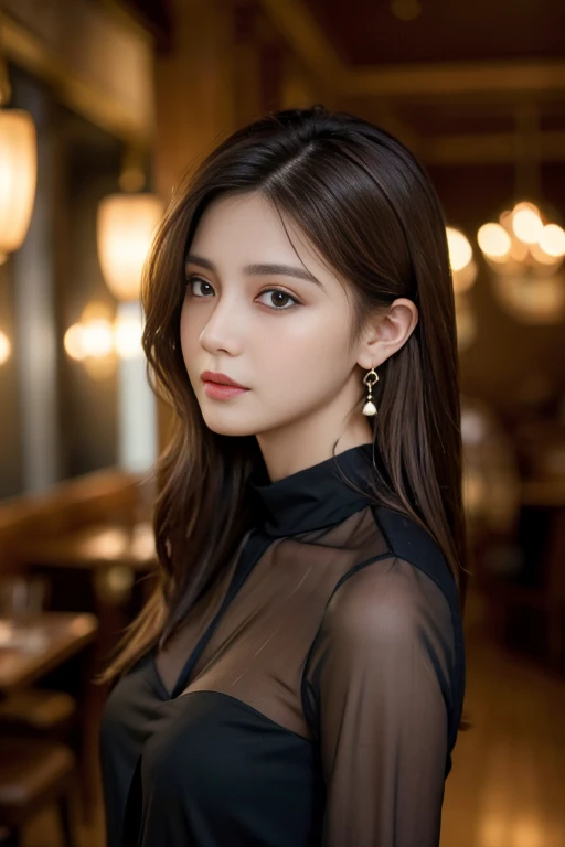 masterpiece, Highest quality, Realistic, Very detailed, Finer details, High resolution, 8k wallpaper, One beautiful woman, Wear a black see-through shirt, In a great restaurant, At night,  Facing forward, Light brown messy hair, Perfect dynamic composition, Beautiful and beautiful eyes、Big earrings