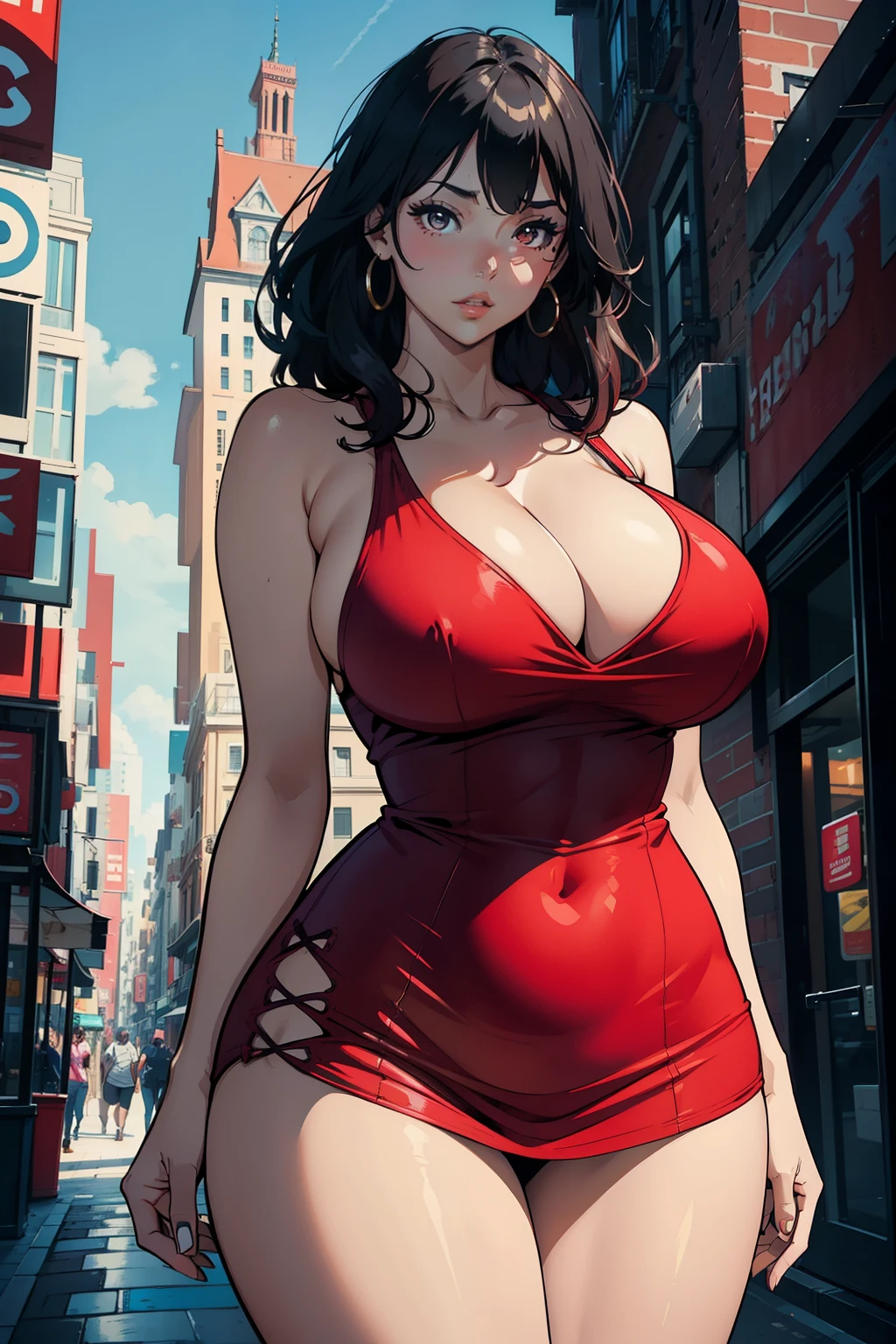 A very y and plump young woman, posing with confidence, gazes directly at the camera in a comic-style illustration. Her voluptuous figure is accentuated by a form-fitting red dress that leaves little to the imagination. Her large eyes sparkle with playfulness, and her full lips curl into a smirk, exuding a sense of self-assdness. The background is simple yet detailed, featuring a cityscape with colorful buildings and lively street scenes. This comic masterpiece is presented in high resolution, showcasing every curve and detail of the woman's captivating figure.
