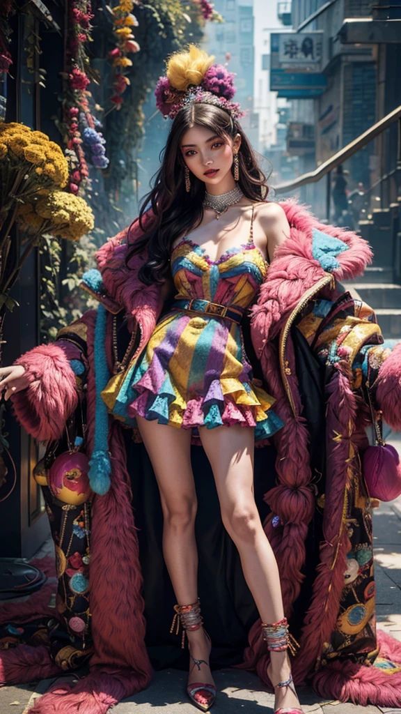 A girl with normal hips in a colorful dress and fur coat posing for a picture looking at the viewer, wearing fashion, eccentric clothing, 16K, Award Winning, Best Quality, High Quality, High resolution, Masterpiece, Super Detail, Photography Style, Photorealism Style, Hyperrealism Style, Hyper maximalist, Fashion Photography, Glamour Photography