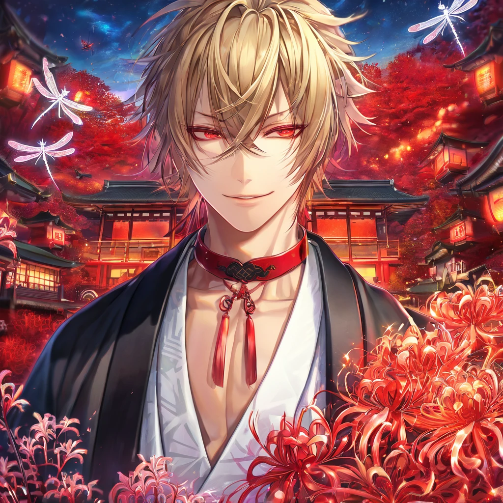 absurdres, highres, ultra detailed, HDR, master piece, best quality, detailed eyes, extremely detailed, delicated features, Kazama Chikage, dark blonde hair, expressive red eyes, Hakuouki, solo, sexy man, handsome, smile, white kimono, black haori, red collar, magical, fantasy, red spider lilies, red glittering dragonflies, red lanterns, traditional Japanese house, red trees, envy magical